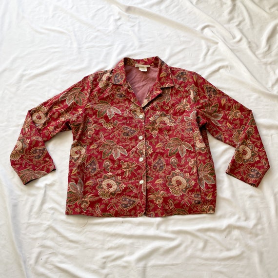80s Button Up Red Floral Long Sleeve Top - image 1