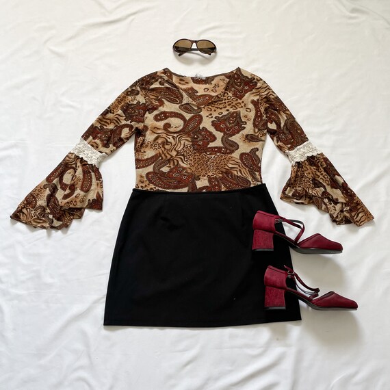 90s Brown and Tan Paisley and Animal Print Blouse - image 1