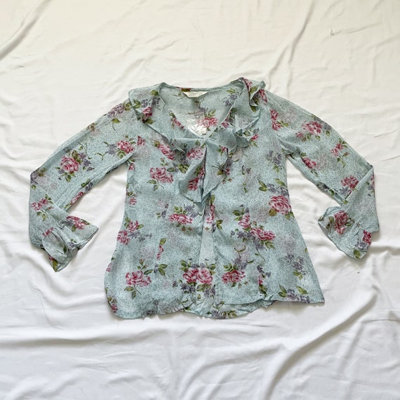 90s Blue Floral Sheer Button Up Top - image 2