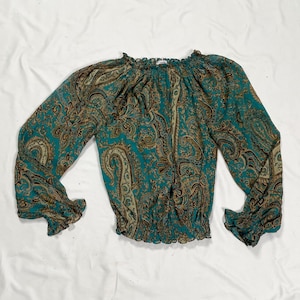 Y2K Rave Blue and Tan Paisley Long Sleeve Top Size XL