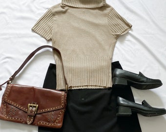 Y2K Zipper Collar Tan Knit Top