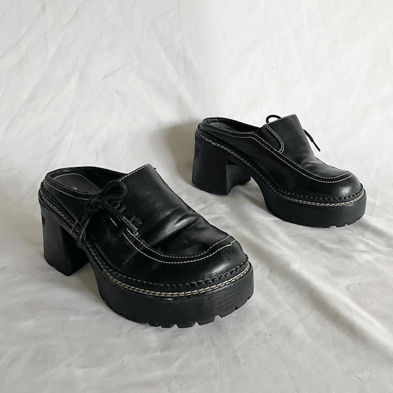 90s Platform Black Faux Leather Loafer Heels Size