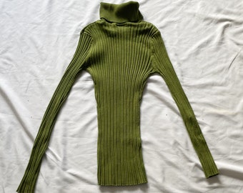 Y2K Green Knit Turtleneck Long Sleeve Top