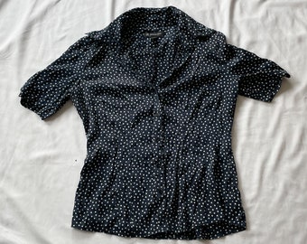 Y2K Silk Navy and White Polka Dot Button Up Top