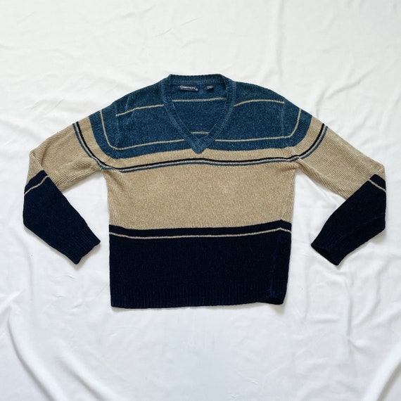 90s Blue and Cream Striped Sweater