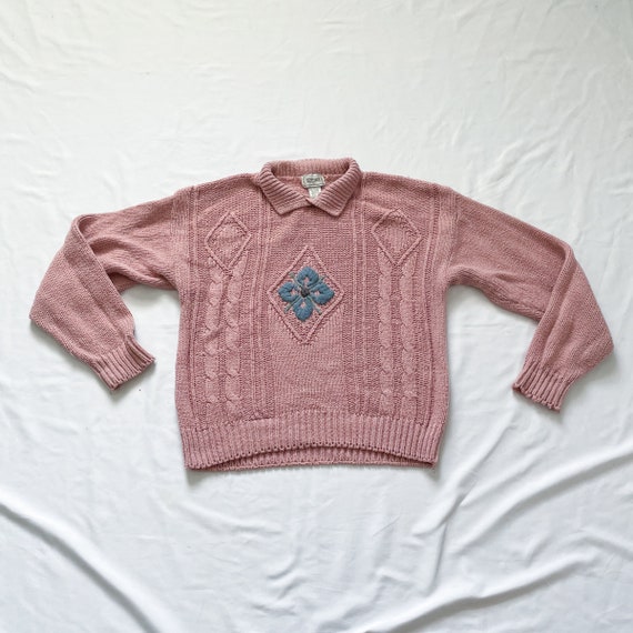 90s Pink Sweater with Blue Flower