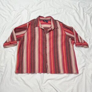 90s/Y2K Red and Tan Striped Button Up Plus Size Top