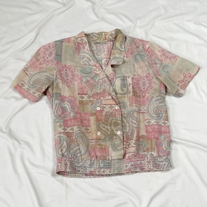 80s Pink, Tan and Blue Paisley Button Up Shirt