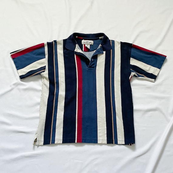red white and blue collared shirt