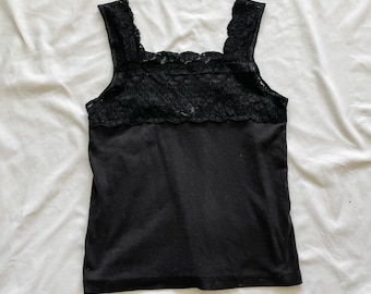 90s Black Tank Top with Lace Size Medium