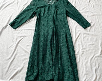 80s Plus Size Green Lace Maxi Dress