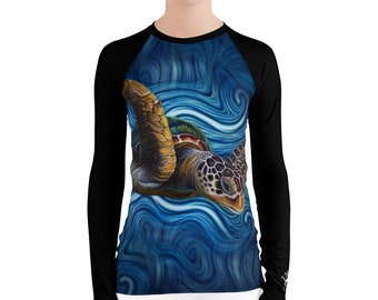 CAVIS eine Meeresschildkröte Frauen Rash Guard, Meer Leben Malerei Tauchen Haut schwimmen Shirt