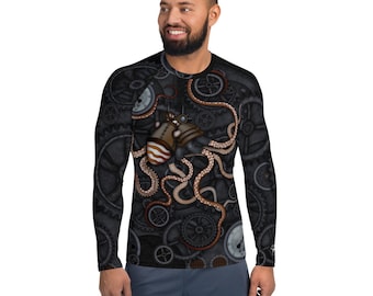 CAVIS a Steampunk Octopus Gears Men’s Rash Guard, Sea Life Dive Skin Swim Shirt