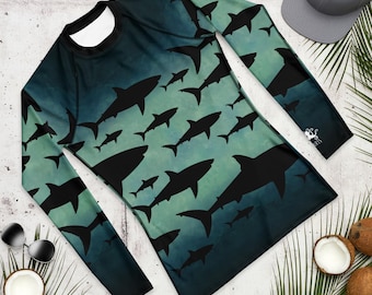 Shark Pattern Men’s Rash Guard, Alternative Sea Life Dive Skin Swim Shirt