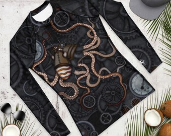 Steampunk Octopus Gears Men’s Rash Guard, Alternative Sea Life Dive Skin Swim Shirt
