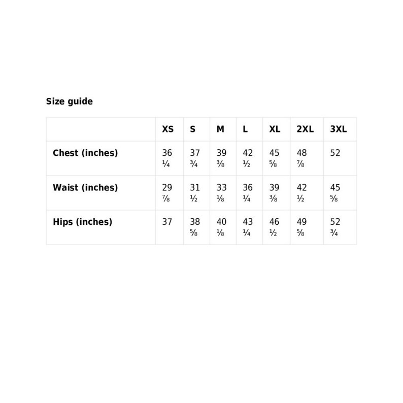 May include: Size guide chart for clothing with measurements in inches. The chart shows sizes XS through 3XL with corresponding chest, waist, and hip measurements.