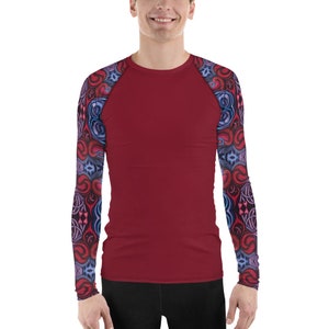 CAVIS Celtic Heart Sleeve Men’s Rash Guard, Alternative Red and Blue Pattern Swim Shirt