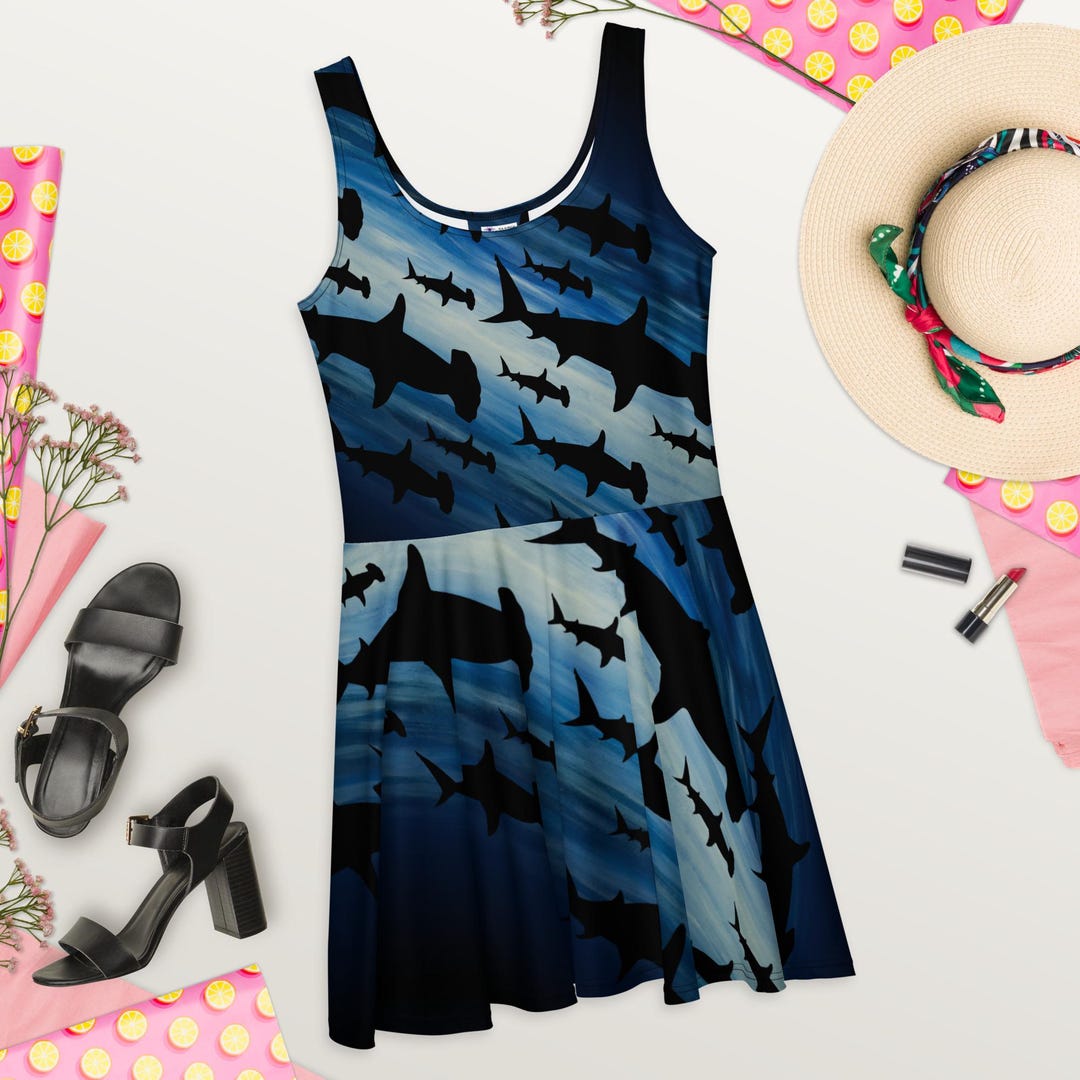 shark skater dress Sharks Printed Skater Dress, Sea Life Sleeveless Skater Dress Women, Cute Fit and Flare Dress, All Over Print Nautical Dress, Gifts for Her