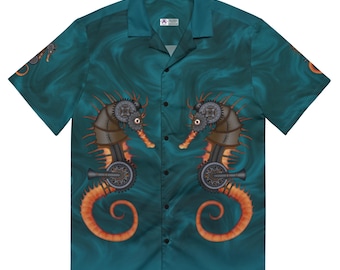 Steampunk Seahorse Unisex Button Shirt: Alternative Nautical Underwater Sea Life Top