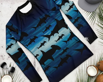 Shark Pattern Men’s Rash Guard, Hammerhead Sea Life Dive Skin Swim Shirt