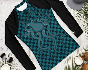 Checkered Octopus Men’s Rash Guard, Retro Checked Camouflage 80’s Dive Skin Swim Shirt