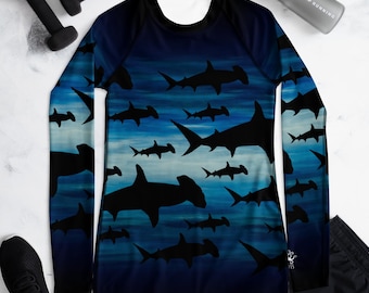 Camiseta de natación para mujer con estampado de tiburón, Hammerhead Sea Life Dive Skin