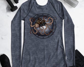 Steampunk Octopus Women’s Rash Guard, Sea Life Dive Skin Swim Shirt