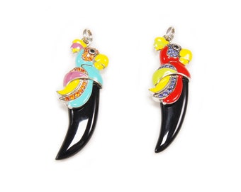 Parrot/Enamel/Cubic Zirconia/Multi Color/Black Onyx/Tusk/925 Sterling Silver Pendant/White Gold Plated/Charm/Necklace/Gift For Her/EN29861