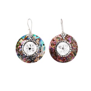 Abalone/Paua/925 Sterling Silver Pierced/French Hook/Silver Drop Earrings/Dangling/Round/Boho/Gift For Her/ecl-pi050