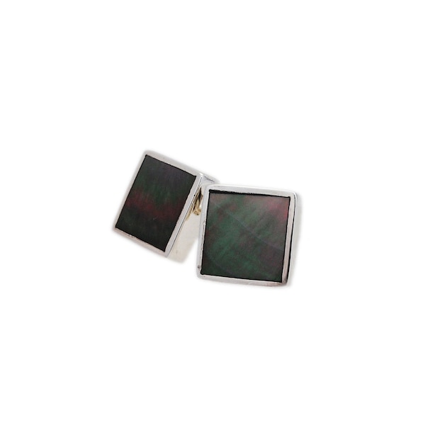 Mother of Pearl/Seashell/Mop/Black/925 Sterling Silver Stud Pierced/Silver Pierced Earrings/Square Button/Pearly/Boho/Gift For Her/pe-025bk