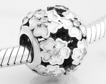 Cherry Blossom White Enamel CZ Beads Charm 100% 925 Sterling Silver fit for Authentic Women Charms and Handmade Charms.