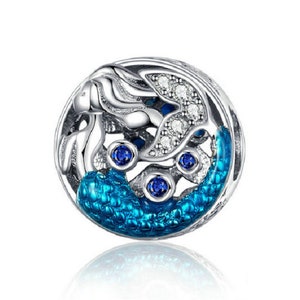 Fairy Tale Mermaid Charm, Enamel Round Beads Charm 100% 925 Sterling Silver fit for Authentic Women Bracelets Handmade Charms
