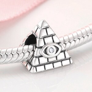 Pyramid with Evil clear CZ eye Beads Charm, 100% 925 Sterling Silver Charm, Fits to all Women Charm Jewelry, Free Shipping.