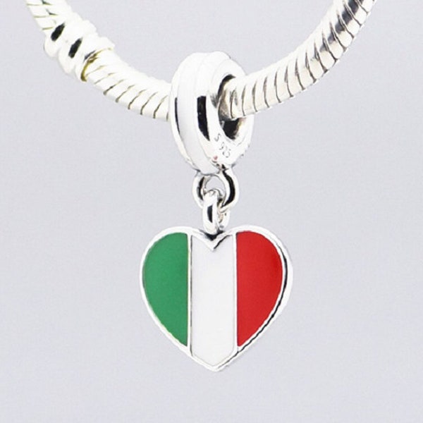 Italy Heart Flag Charms 925 Sterling Silver fit for Women