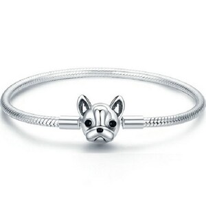 French Bulldog Doggy Snake Chain Women Bracelet, 100% 925 Sterling Silver, Fits Women Charms Bracelet, Fit Women Bracelet