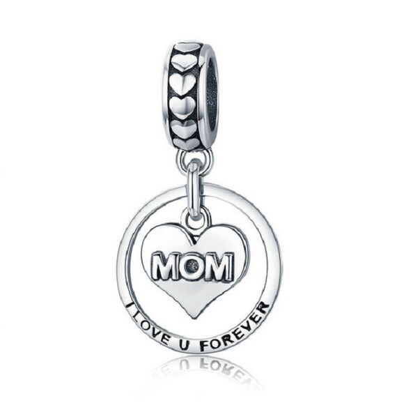 Sterling Silver Heart Love MOM Mother Dangle Bead for European Charm Bracelet