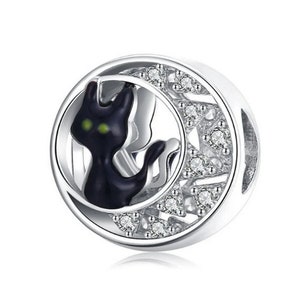 Charm for Bracelet, Halloween Theme Black Cat Beads, 100% Genuine 925 Sterling Silver Charm Fits Women Bracelet Necklace