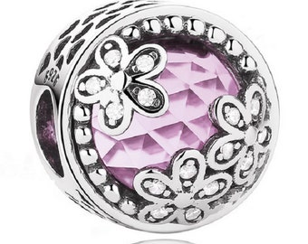 Roze bloem ingekapseld CZ kralen charme handgemaakte 100% 925 sterling zilver geschikt voor vrouwen armband