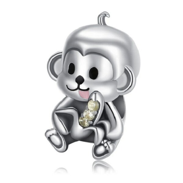 Cute Monkey & Banana Love Charm 100% 925 Sterling Silver Women Charm fit Charm Bracelet Bangle DIY Jewelry