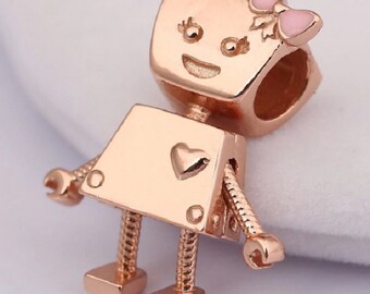 Bella Bot Charm With Pink Enamel Charm Beads Fit Handmade & Women Charm Bracelet Authentic Sterling Silver Authentic Luxury Jewelry