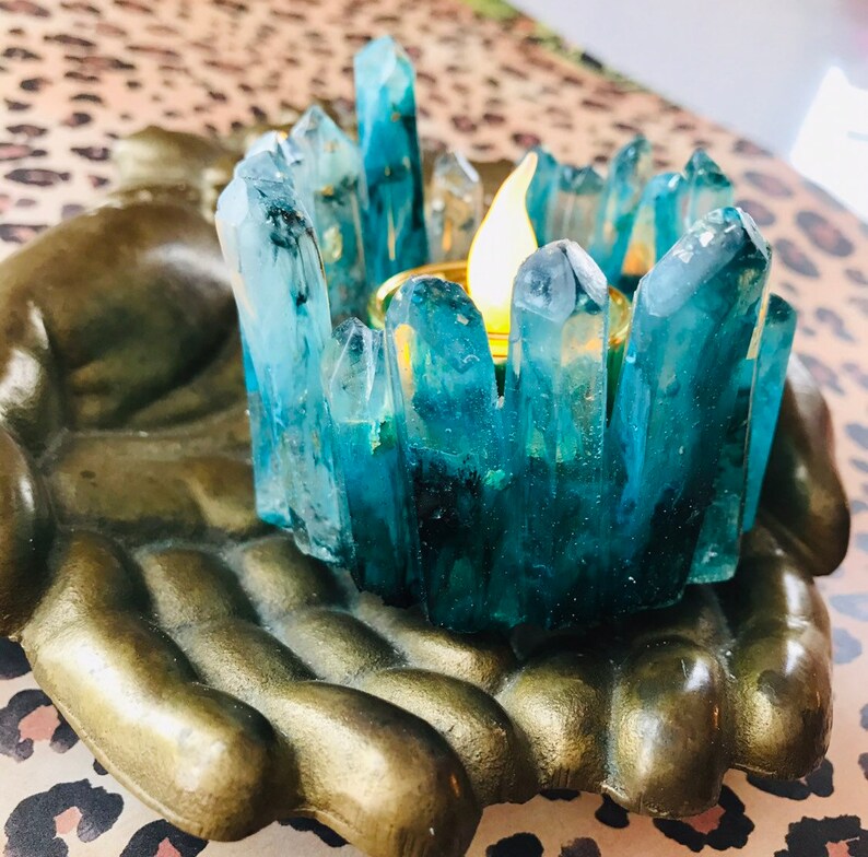 Crystal Cluster Resin Art Tea Light Votive Holder Turquoise Crystal Cluster Resin Art Tea Light Votive Holder Turquoise
