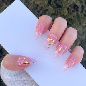 kawaii press on nails ~ pink jelly nails ~ pink nails ~ pink moon nails ~ moon nails ~ celestial nails ~ nails ~ sailor nails