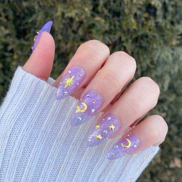 kawaii nails ~ press on nails ~ nails ~ moon nails ~ moon press on nails ~ celestial nails ~ purple nails ~ purple press ons ~ sailor nails