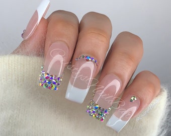 Luxury press on nails ~ Luxury nails ~ Bling press on nails ~ Bling French tip press on nails ~ White French tip press on nails ~ Nails