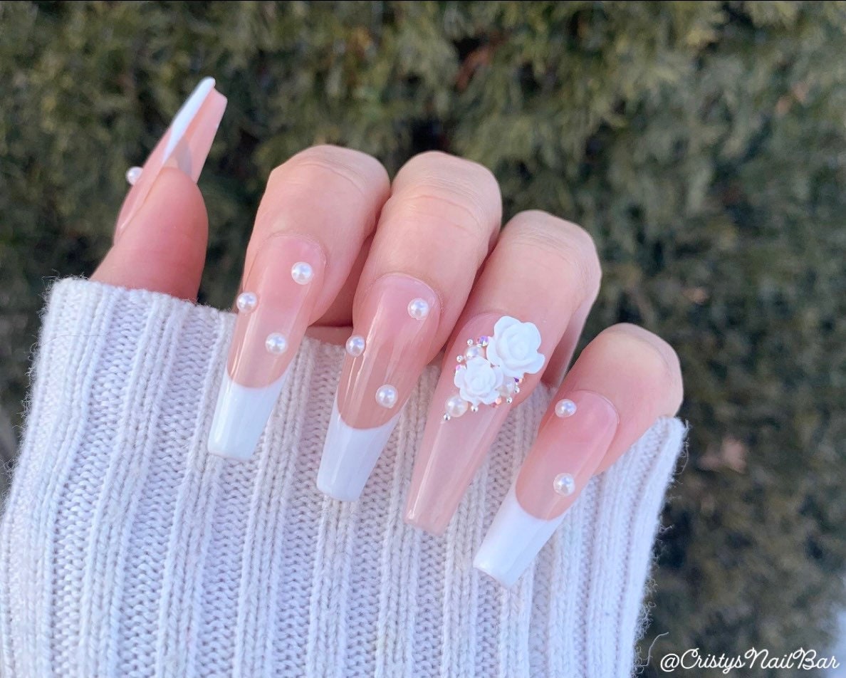 Pearl French Tip Press on Nails French Tip Press on Nails - Etsy Denmark