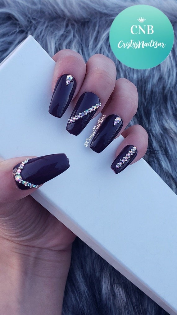 Dark Purple Nails With Rhinestones Fake Nails Press On Nails Etsy Ombre is one of the biggest trends this year. dark purple nails with rhinestones fake nails press on nails glue on nails rhinestones hand painted custom made dark purple nails