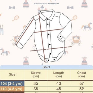 May include: A size chart for a white long-sleeve shirt with a button-down collar. The chart shows the size in years, sleeve length in centimeters, length in centimeters, and chest measurement in centimeters. The text "Attention! Allowable deviation in sizes +/- 1 cm" is at the bottom of the chart.