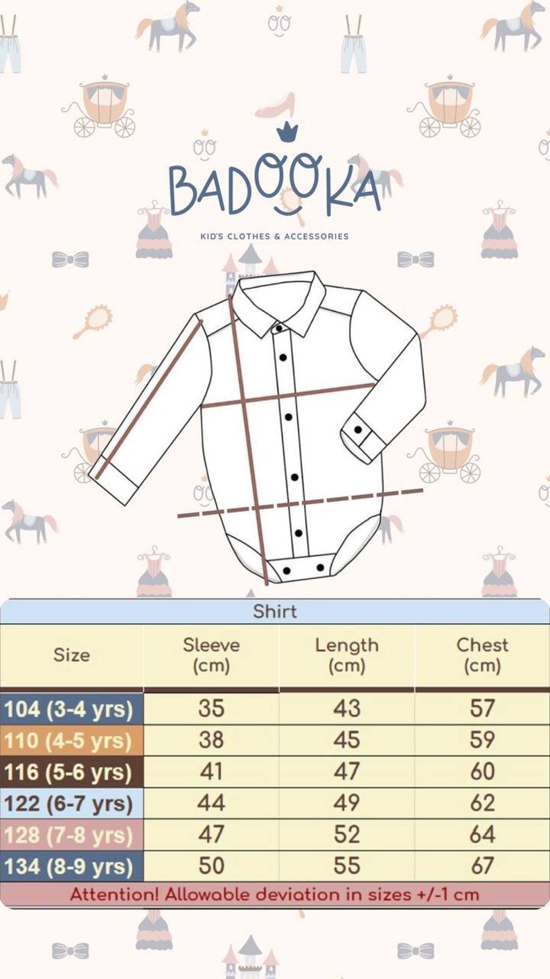 May include: A size chart for a white long-sleeve shirt with a button-down collar. The chart shows the size in years, sleeve length in centimeters, length in centimeters, and chest measurement in centimeters. The text "Attention! Allowable deviation in sizes +/- 1 cm" is at the bottom of the chart.