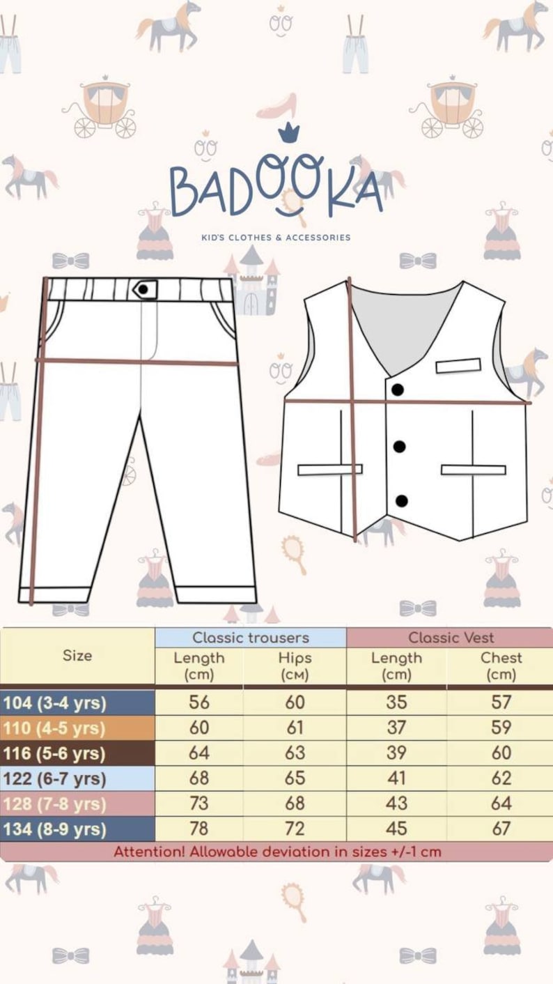 May include: Size chart for classic trousers and vests for children. The chart shows measurements in centimeters for length and hips for trousers and length and chest for vests. Sizes range from 104 (3-4 years) to 134 (8-9 years).