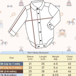 May include: Size chart for a white baby bodysuit with long sleeves and button closure. The chart shows sizes in months and years, along with corresponding sleeve length, body length, weight, and chest measurements in centimeters.